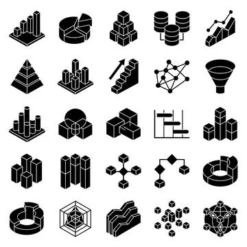 Isometric black icons set for data analysis, charts, graphs, database, flow.. Stock Illustration