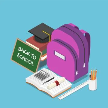 Isometric blackboard with text back to school and a backpack Stock Illustration