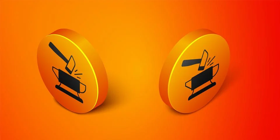 Isometric Blacksmith anvil tool and hammer icon isolated on orange background Illustrazione stock
