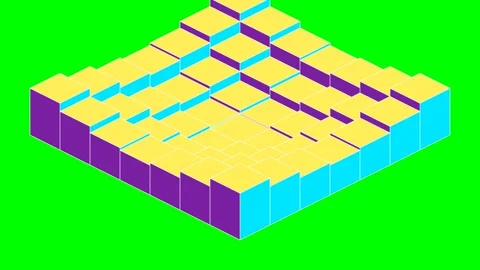 Isometric block landscape featuring a digital terrain of yellow and blue cube Stock Footage 340264893