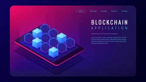 Isometric blockchain application landing page concept. Stock Illustration