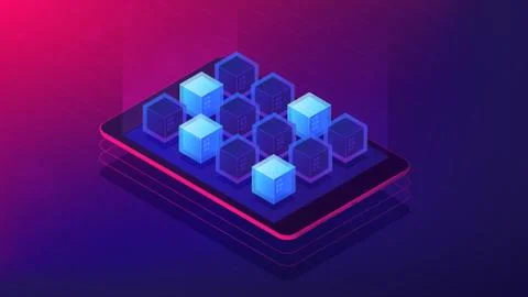 Isometric blockchain application landing page concept. Stock Illustration