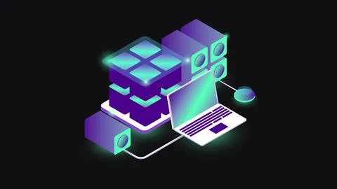 Isometric Blockchain Composition. Colorful Gradient Laptop and Devices. Digital Stock Illustration