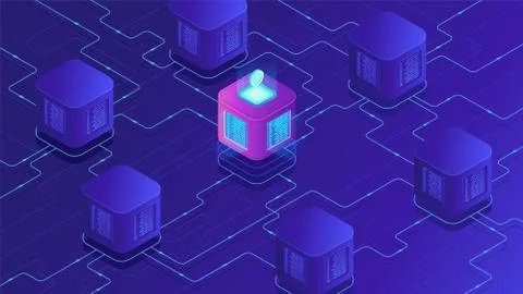 Isometric blockchain cryptocurrency and data transfer concept. Stock Illustration