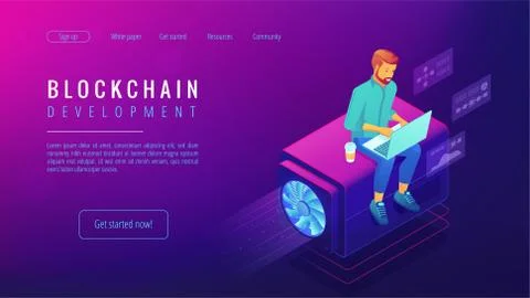 Isometric blockchain development concept. 스톡 일러스트