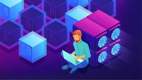Isometric blockchain development concept. Stockillustratie