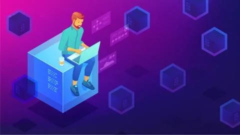 Isometric blockchain development concept. Stockillustratie