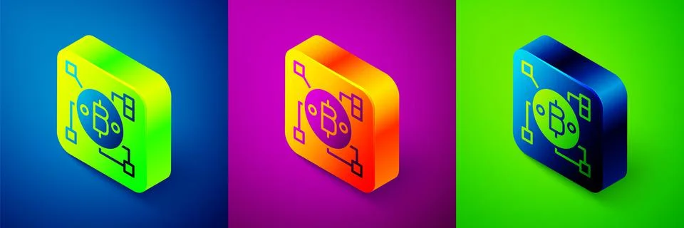 Isometric Blockchain technology Bitcoin icon isolated on blue, purple and green Illustrazione stock