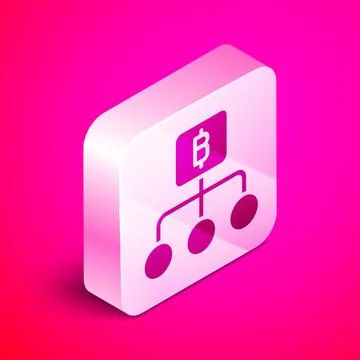 Isometric Blockchain technology Bitcoin icon isolated on pink background Stock Illustration