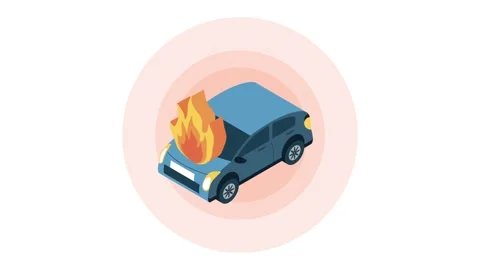 Isometric blue car engine on fire animation representing road accident or v.. Stock Footage 334543185