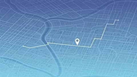 Isometric blue city map displaying white navigation route crossing river with Stock Illustration