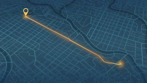 Isometric blue city map with glowing orange navigation route and location pin Stock Illustration
