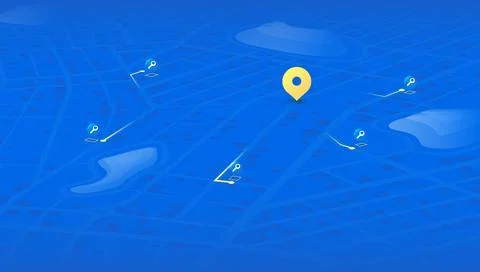 Isometric Blue City Map with Yellow Pin Showing Affordable Housing Search Stock-Illustration