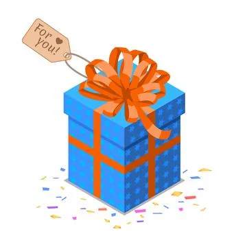 Isometric blue gift box with big red bow. Happy Birthday object. Stock Illustration