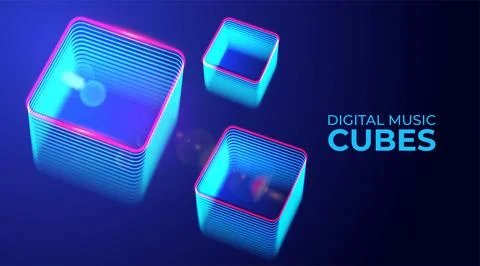 Isometric blue glowing neon cubes. Gaming, music, technology, big data, block Illustrazione stock