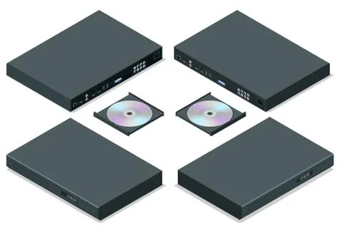 Isometric Blue-ray player with a disk, isolated. DVD player ejecting disc with Stock Illustration