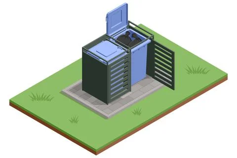 Isometric blue waste bin inside a metal enclosure on a paved lawn area Stock Illustration