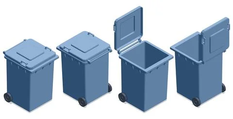 Isometric blue wheelie bin set with closed and open lid views on a light Stock Illustration