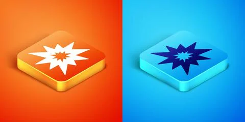 Isometric Bomb explosion with shrapnel and fireball icon isolated on orange and Stock Illustration