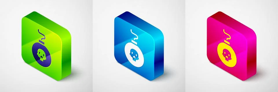 Isometric Bomb ready to explode icon isolated on grey background. Square button Illustrazione stock