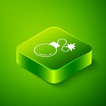 Isometric Bomb ready to explode icon isolated on green background. Green square 库存插图