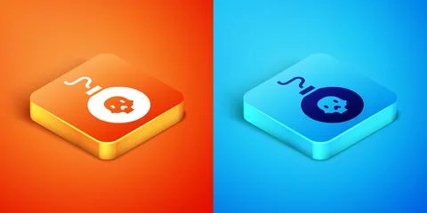 Isometric Bomb ready to explode icon isolated on orange and blue background Illustrazione stock