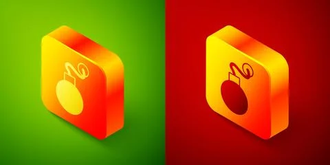 Isometric Bomb ready to explode icon isolated on green and red background. .. 库存插图