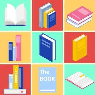 Isometric book icon set collection on colorful mosaic square background flat Illustrazione stock