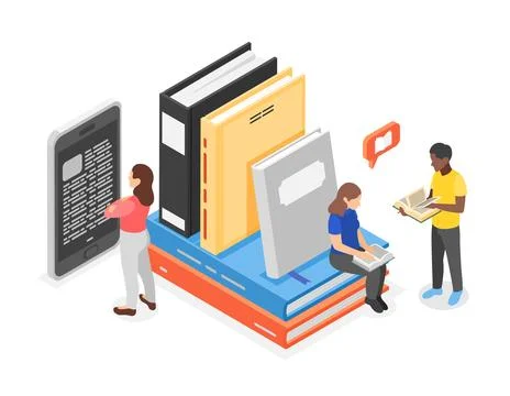 Isometric books concept. Students learning with digital and paper book, reading Stock Illustration