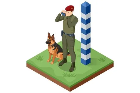 Isometric border guard with binoculars and dog on patrol near frontier post Stock Illustration