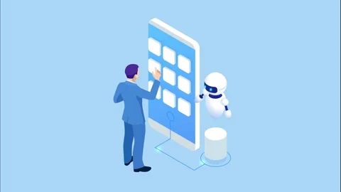 Isometric Bot and cybersecurity, artificial intelligence, AI and business IOT Stock Footage 131298260