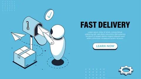 Isometric bot fast delivery poster. Internet bot with parcels and mails. Virtual Stock Illustration