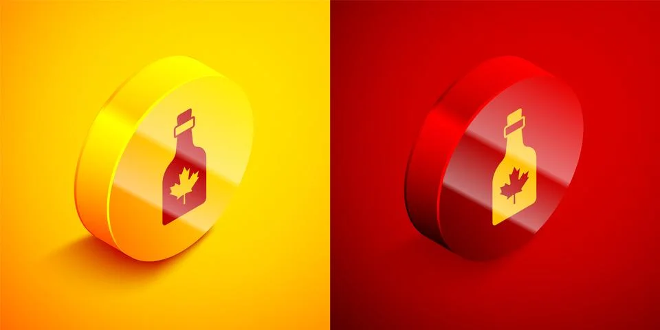 Isometric Bottle of maple syrup icon isolated on orange and red background... Stock Illustration