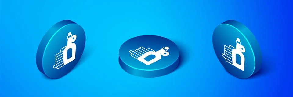 Isometric Bottle of maple syrup with stack of pancakes icon isolated on blue Illustrazione stock