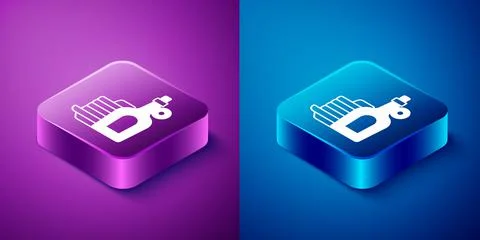 Isometric Bottle of maple syrup with stack of pancakes icon isolated on blue and 库存插图
