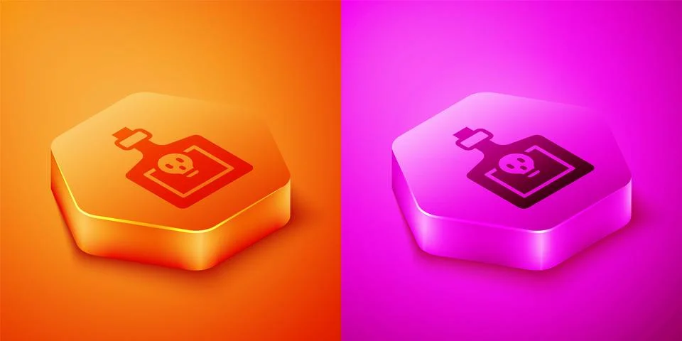 Isometric Bottle with potion icon isolated on orange and pink background. F.. Stock Illustration