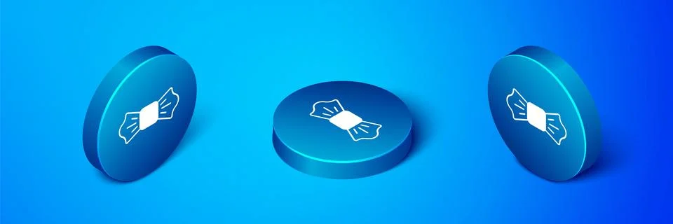 Isometric Bow tie icon isolated on blue background. Blue circle button. Vector Ilustración de archivo