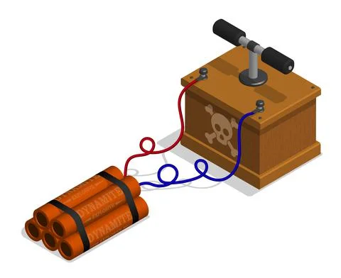 Isometric Box with handles for detonating dynamite charge at mining site. Equ Stock Illustration