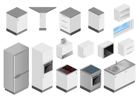 Isometric boxes of equipment for kitchen project Stockillustratie