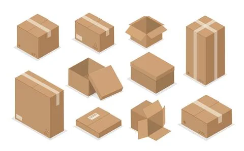 Isometric boxes set. Cardboard boxes with parcels and goods. Empty open and Illustrazione stock