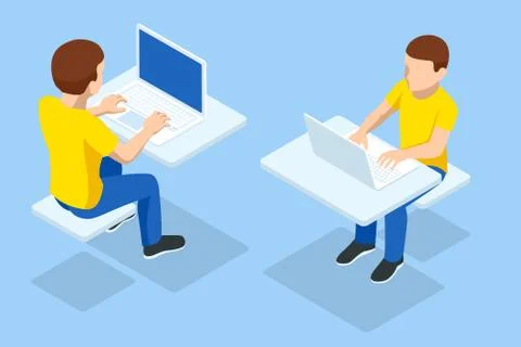 Isometric boy at the computer front and back view isolated on white. Boy is Stock Illustration
