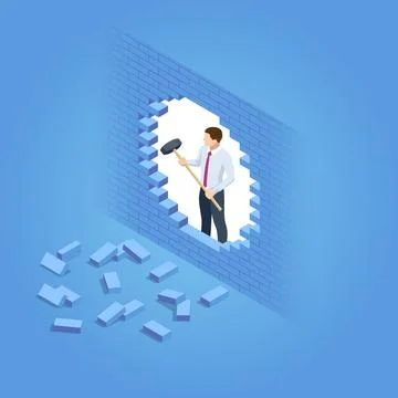 Isometric Breaking the Wall. An alternative Solution to the Problem. Businessman Stock Illustration