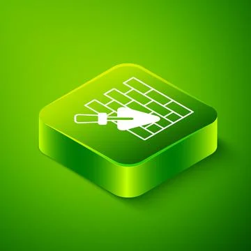 Isometric Brick wall with trowel icon isolated on green background. Green square イラスト素材