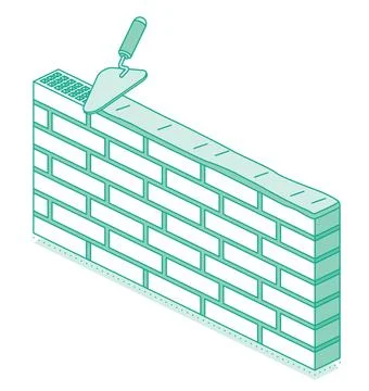 Isometric brick wall under construction with a trowel and mortar. Masonry w.. Stock Illustration