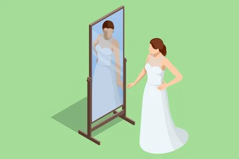 Isometric Bride is standing in front of mirror and fitting dress. Woman on her Stock Illustration