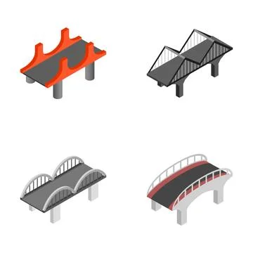 Isometric bridge icons set representing various transport structures Stock Illustration