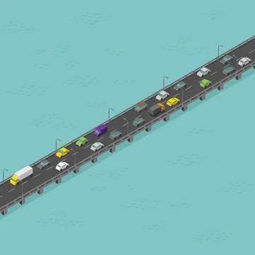 Isometric bridge road. Medium traffic. Long elevated highway. Bridge over the Stock Illustration