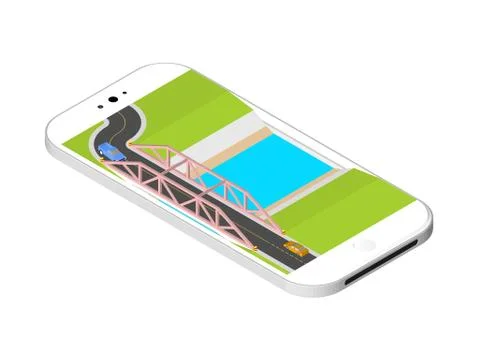 Isometric bridge with a road over the river standing on the smartphone screen Ilustração Stock