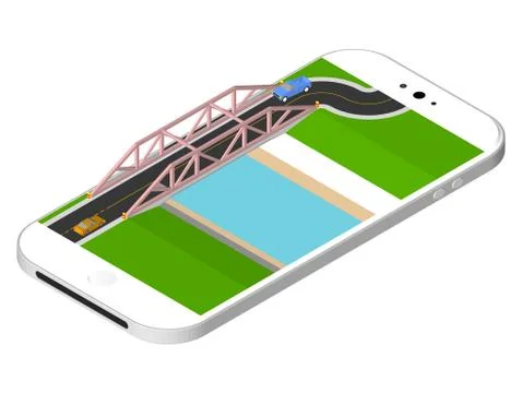 Isometric bridge with a road over the river standing on the smartphone screen Stock Illustration