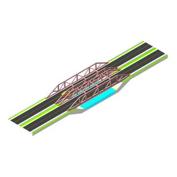 Isometric bridge with a road over the river. Vector illustration isolated on Illustrazione stock